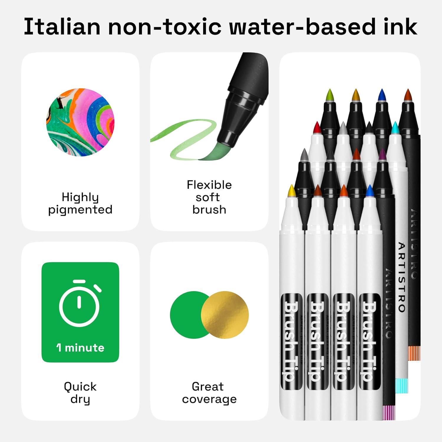imageARTISTRO 24 Watercolor Markers with Flexible Paint Brush Pens for Pros ampamp Beginners  Consistent Smooth Bright Washable NonToxic Ideal for Coloring Calligraphy ampamp Manga16 Brush Tip