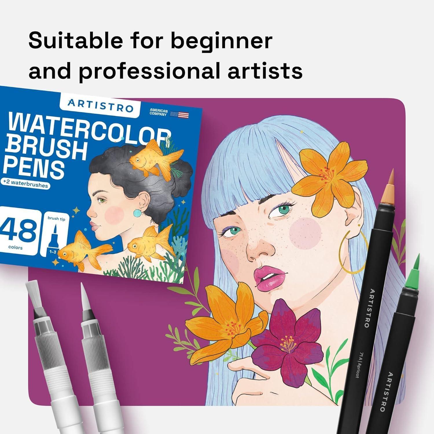 imageARTISTRO 24 Watercolor Markers with Flexible Paint Brush Pens for Pros ampamp Beginners  Consistent Smooth Bright Washable NonToxic Ideal for Coloring Calligraphy ampamp Manga48 Brush Tip