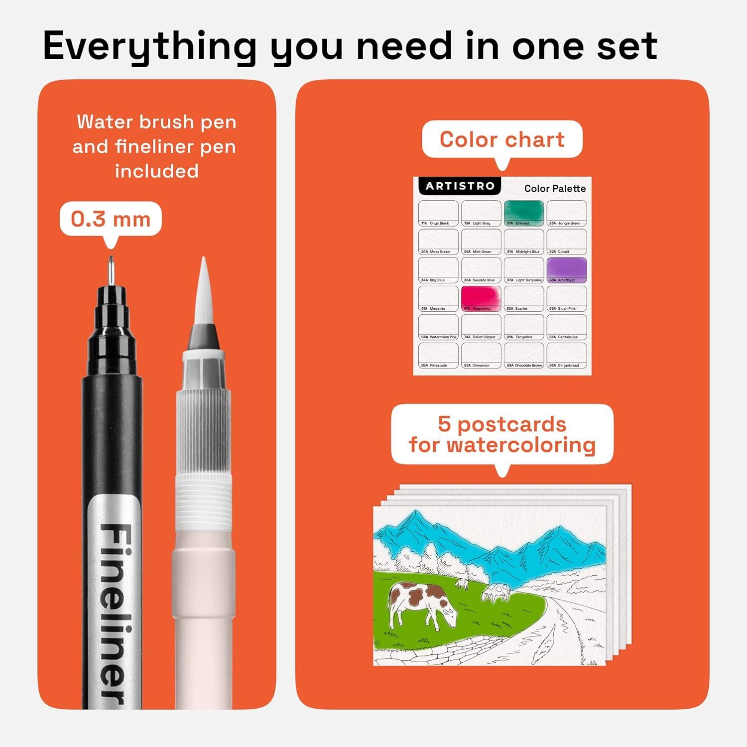 imageARTISTRO 24 Watercolor Markers with Flexible Paint Brush Pens for Pros ampamp Beginners  Consistent Smooth Bright Washable NonToxic Ideal for Coloring Calligraphy ampamp Manga24 Brush Tip