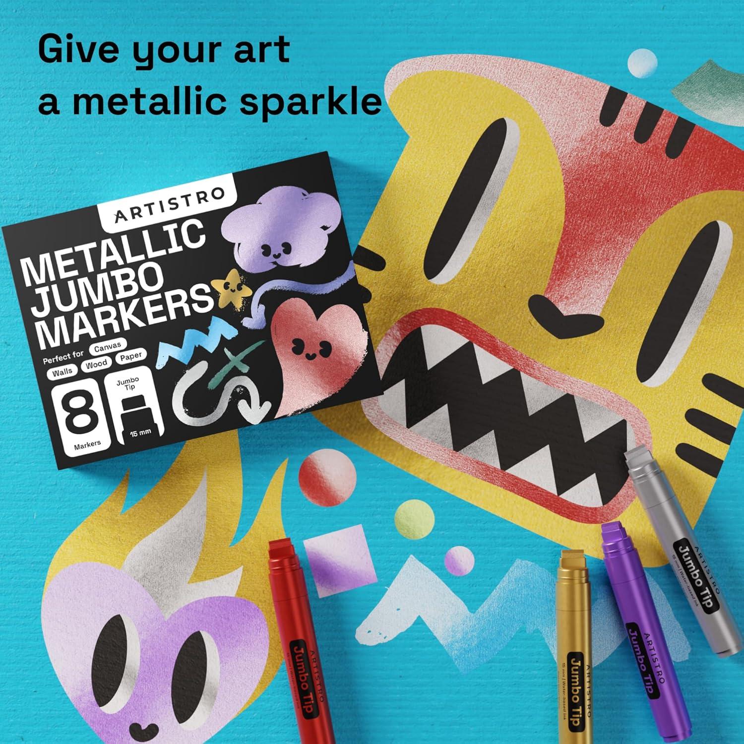 imageARTISTRO 8 Metallic Poster Markers  Jumbo Markers Set with 15mm Wide Jumbo Tip for Murals Posters Tagging Rock Wood Plastic Leather Metal Fabric Ceramic8 Jumbo