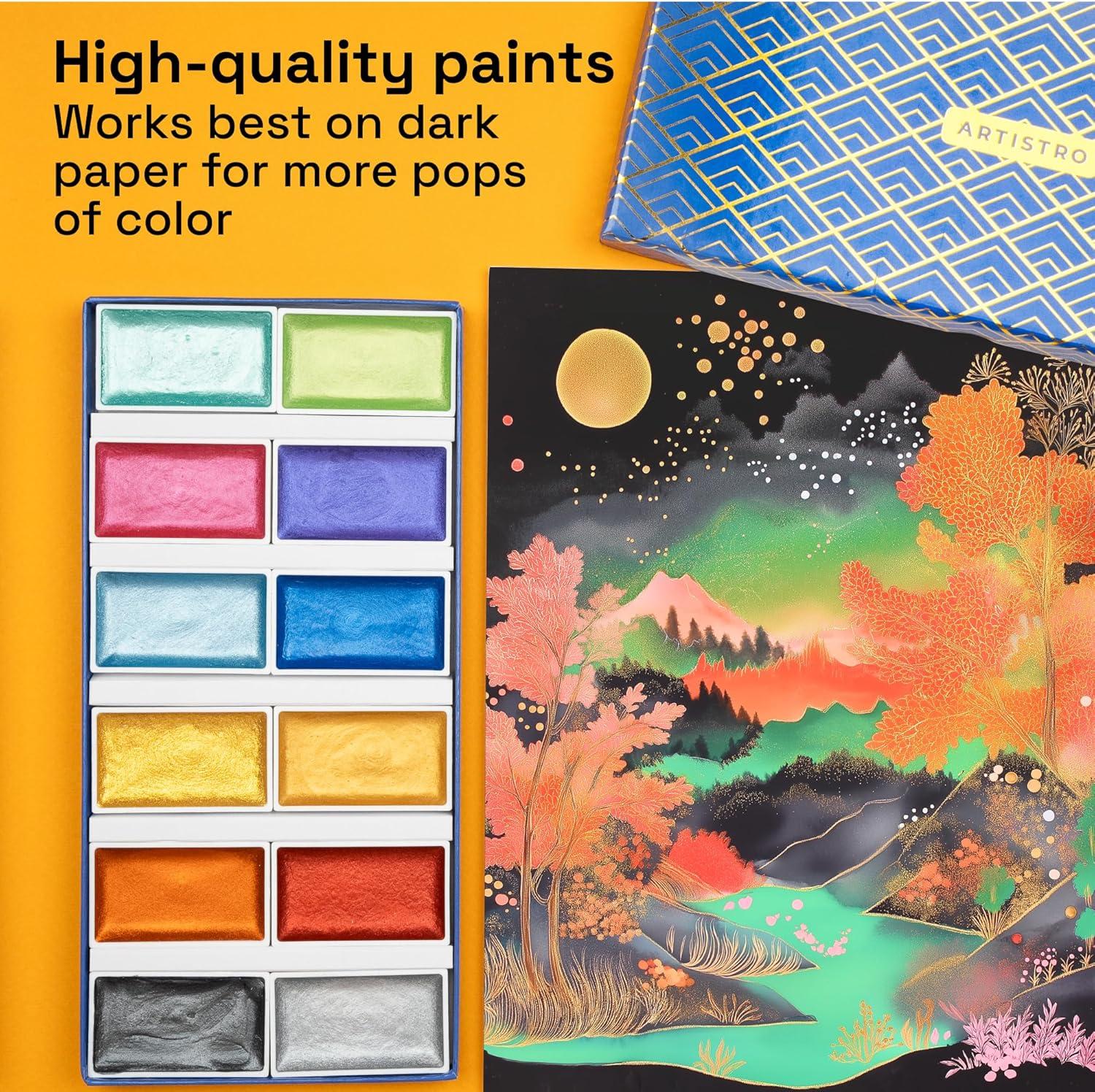 imageARTISTRO Professional Watercolor Paint Set for Adults  24 PigmentRich Colors XL Pans ASTMI Lightfastness High Tinting Strength Watercolor Set for Professionals made by ProfessionalsMetallic