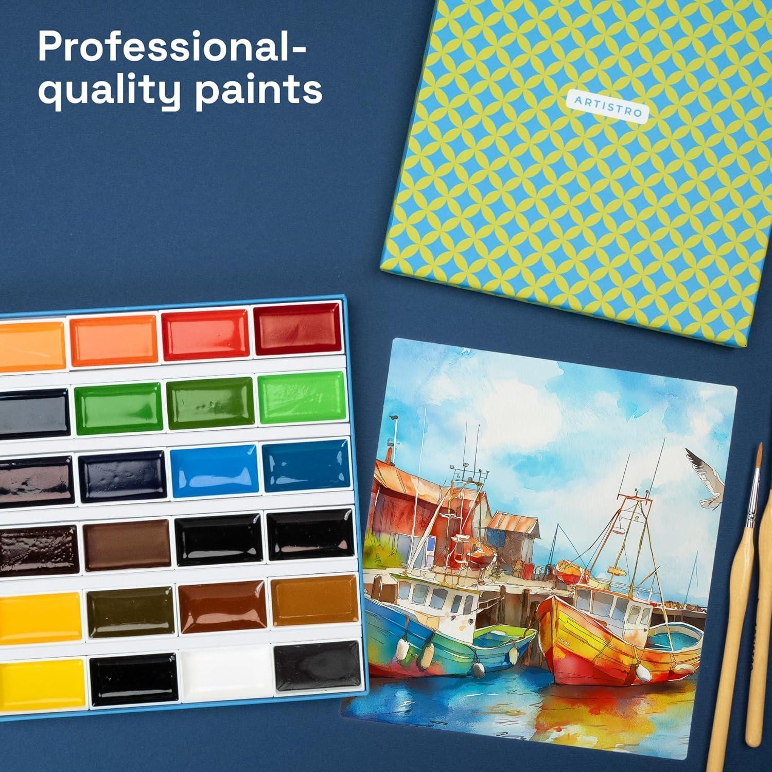 imageARTISTRO Professional Watercolor Paint Set for Adults  24 PigmentRich Colors XL Pans ASTMI Lightfastness High Tinting Strength Watercolor Set for Professionals made by ProfessionalsMulticolor