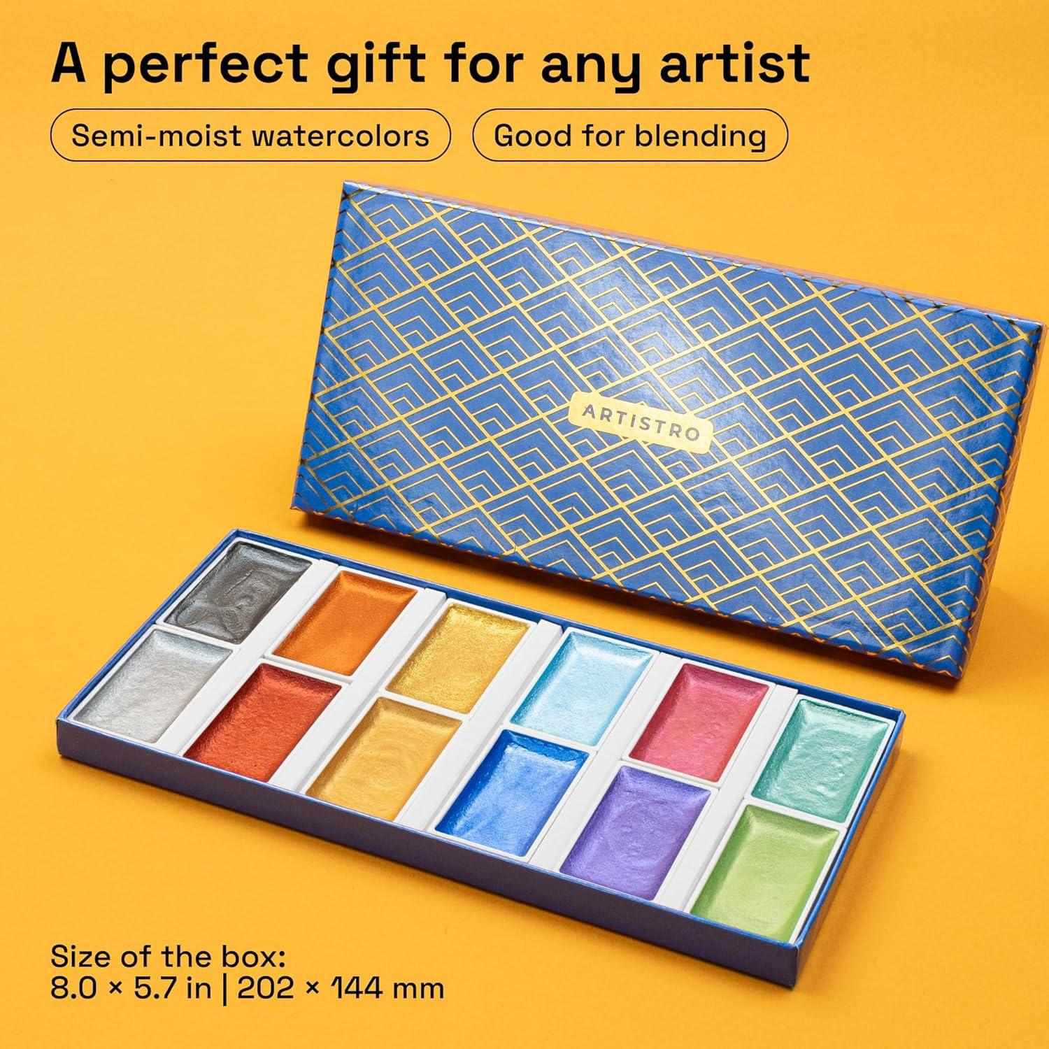 imageARTISTRO Professional Watercolor Paint Set for Adults  24 PigmentRich Colors XL Pans ASTMI Lightfastness High Tinting Strength Watercolor Set for Professionals made by ProfessionalsMetallic