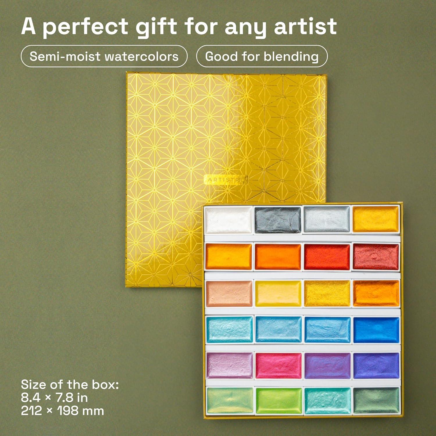 imageARTISTRO Professional Watercolor Paint Set for Adults  24 PigmentRich Colors XL Pans ASTMI Lightfastness High Tinting Strength Watercolor Set for Professionals made by ProfessionalsMetallic