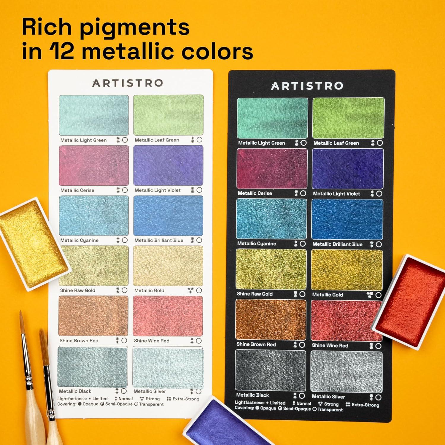 imageARTISTRO Professional Watercolor Paint Set for Adults  24 PigmentRich Colors XL Pans ASTMI Lightfastness High Tinting Strength Watercolor Set for Professionals made by ProfessionalsMetallic