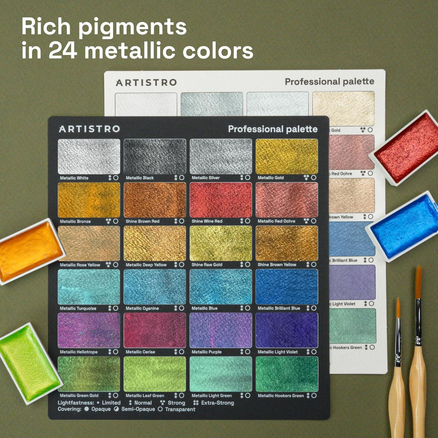 imageARTISTRO Professional Watercolor Paint Set for Adults  24 PigmentRich Colors XL Pans ASTMI Lightfastness High Tinting Strength Watercolor Set for Professionals made by ProfessionalsMetallic