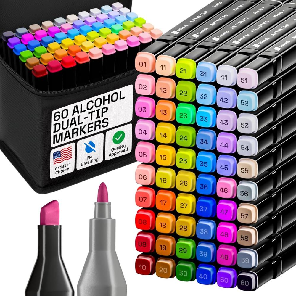 imageAlcohol Dual Tip Markers Set of 60 with No Bleed Ink Bonus Case and Vibrant FadeResistant Colors Art Supplies for Sketching Manga Drawing Adult Coloring Books Card Making Fine ampamp Chisel60 Markers