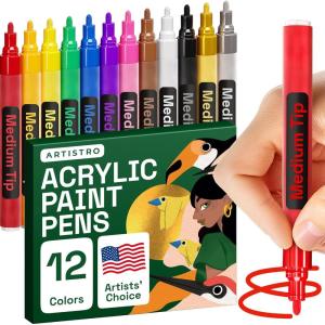 imageARTISTRO 12 Fabric Paint Markers Medium Tip  Easy for All Ages ampamp Levels  Acrylic Paint Pens for Fabric Rocks Paper Wood Canvas Glass DIY12