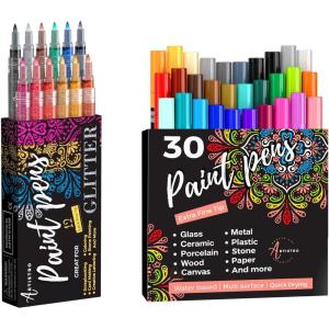 imageARTISTRO 12 Glitter Acrylic Paint Pens Extra Fine Tip and 30 Acrylic Paint Markers Extra Fine Tip Bundle for Rock Painting Wood Fabric Card Paper Pebbles Ceramic ampamp Glass