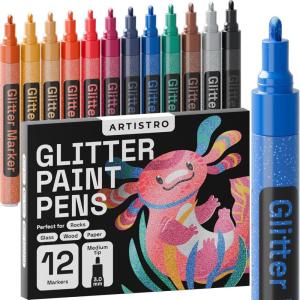 imageARTISTRO 12 Glitter Paint Pens Sparkly and Shiny for Rock Painting Stone Ceramic Glass Wood Fabric Scrapbooking DIY Craft Making Coloring Acrylic Glitter Markers ExtraFine Tip 07mmGlitter