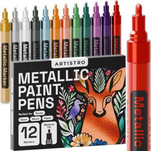 imageARTISTRO 12 Glitter Paint Pens Sparkly and Shiny for Rock Painting Stone Ceramic Glass Wood Fabric Scrapbooking DIY Craft Making Coloring Acrylic Glitter Markers ExtraFine Tip 07mmMetallic