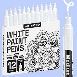imageARTISTRO 12 Metallic Markers Medium Point Metallic Marker Pens for Wine Glasses Rock Painting Black Paper Scrapbooking Crafts Card Making DIY Photo Album CeramicWhite Medium Tip