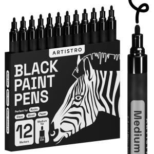 imageARTISTRO 12 Metallic Markers Medium Point Metallic Marker Pens for Wine Glasses Rock Painting Black Paper Scrapbooking Crafts Card Making DIY Photo Album CeramicBlack Medium Tip