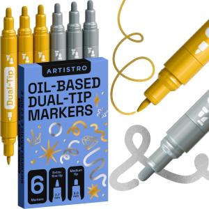 imageARTISTRO 12 OilBased Permanent Paint Markers  Medium Tip Markers for Tire Wood Rock Fabric Glass Ceramic Metal Plastic and More  Quick Dry Waterproof6 GoldSilver