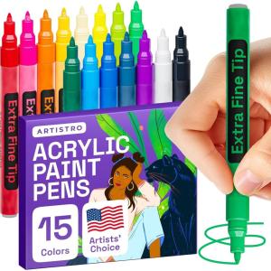 imageARTISTRO 15 Acrylic Paint Pens Art Set Acrylic Paint Markers Fabric Markers for Textile Canvas Rock Glass Wood Paper Pumpkin DIY for Kids and AdultsMulticolor