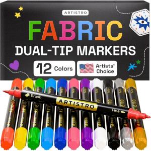 imageARTISTRO 24 DualTip Fabric Markers  Fabric Decorating Kit  Permanent for Clothes  No Bleed Pens for TShirts Bags Textile Canvas and More Brush Tip and Fine Tip12 Dual Tip Brush  Fine