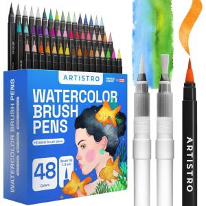 imageARTISTRO 24 Watercolor Markers with Flexible Paint Brush Pens for Pros ampamp Beginners  Consistent Smooth Bright Washable NonToxic Ideal for Coloring Calligraphy ampamp Manga48 Brush Tip