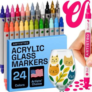 imageARTISTRO 24 Wine Glass Acrylic Paint Markers  Washable NonToxic Dual Tip Acrylic Paint Pens for Car Window Mirror Ceramic24