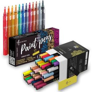 imageARTISTRO 30 Acrylic Paint Markers Fine Tip and 12 Glitter Paint Pens ExtraFine Tip Bundle for Rock Painting Pebbles Scrapbook Journals Photo Albums Card Stocks Paper Project Coloring