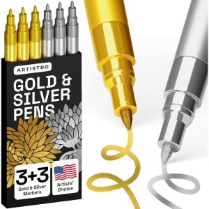 imageARTISTRO 5 White Paint Pen for Rock Painting Stone Ceramic Glass Wood Tire Fabric Metal Canvas Set of 5 Acrylic Paint White Marker Waterbased Extrafine TipGoldSilver