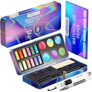 imageARTISTRO Watercolor Paint Set Vivid Colors in Portable Box Palette set Including Metallic and Fluorescent Colors Perfect Travel Watercolor Set for Artists Amateur Hobbyists and PaintingWatercolor Metallic Chameleon