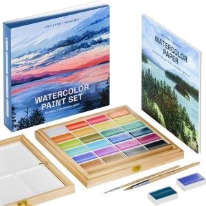 imageARTISTRO x HANNAH MP Professional Watercolor Paint Set Limited Edition with 24 colors in Bamboo Wooden Box 6ml XL Pans  2 Brushes Watercolor Paper Mixing Tray  Watercolor Set for Professionals made by professionals