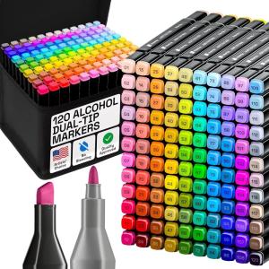 imageAlcohol Dual Tip Markers Set of 60 with No Bleed Ink Bonus Case and Vibrant FadeResistant Colors Art Supplies for Sketching Manga Drawing Adult Coloring Books Card Making Fine ampamp Chisel120 Markers