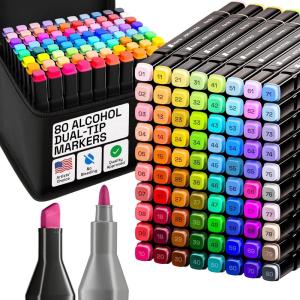 imageAlcohol Dual Tip Markers Set of 60 with No Bleed Ink Bonus Case and Vibrant FadeResistant Colors Art Supplies for Sketching Manga Drawing Adult Coloring Books Card Making Fine ampamp Chisel80 Markers