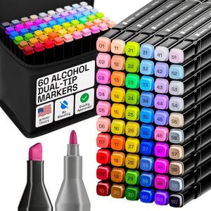 imageAlcohol Dual Tip Markers Set of 60 with No Bleed Ink Bonus Case and Vibrant FadeResistant Colors Art Supplies for Sketching Manga Drawing Adult Coloring Books Card Making Fine ampamp Chisel60 Markers