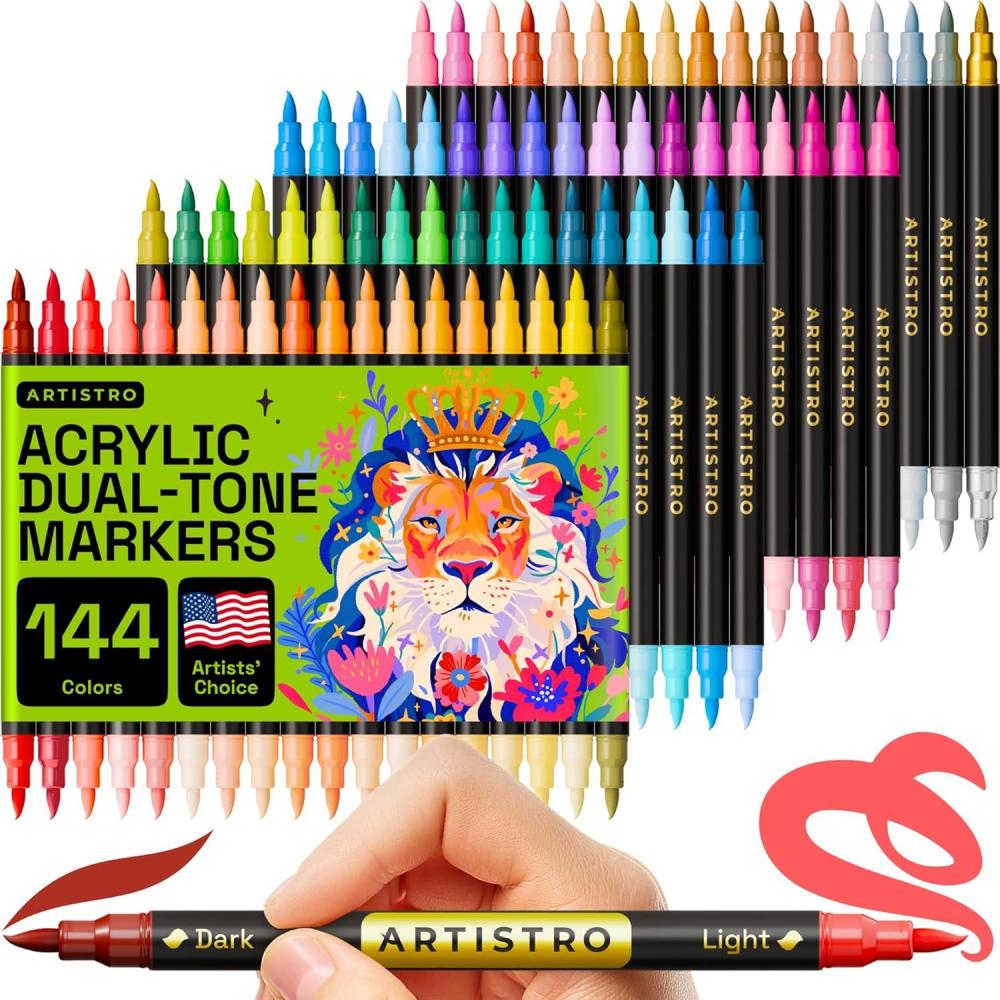 imageARTISTRO 144 Colors Paint Markers DualColor Acrylic Pens with 72 Brush Dual Tip Markers Double Tipped for Rocks ampamp Art Supplies