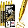 imageARTISTRO 5 Gold Paint Pen for Rock Painting Stone Ceramic Glass Wood Tire Fabric Metal Canvas Set of 5 Acrylic Paint White Marker Waterbased Extrafine Tip