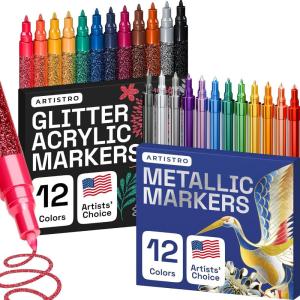 imageARTISTRO 12 Glitter  12 Metallic Paint Pens  Acrylic Markers for Rock Painting Stone Ceramic Glass Wood Fabric Scrapbooking DIY Craft Making Coloring  07mm Tip