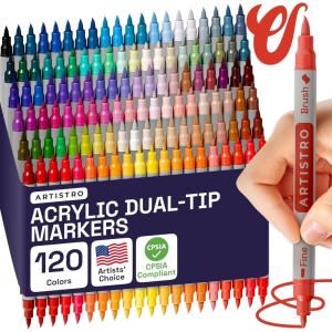 imageARTISTRO 120 Dual Tip Acrylic Paint Markers  Easy for All Ages ampamp Levels Acrylic Paint Pens for Fabric Rocks Paper Wood Canvas Glass DIY Dual Tip Brush  Fine 120