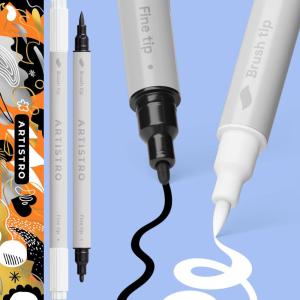 imageARTISTRO 2 BlackampampWhite DualTip Acrylic Paint Pens  Multisurface Markers for Fabric Plastic ampamp More 1 mm Fine ampamp Brush Tips