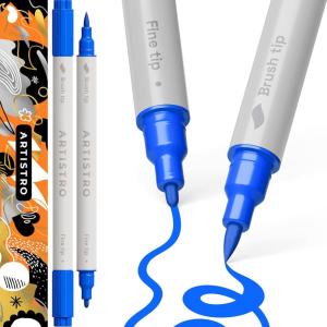imageARTISTRO 2 Blue Acrylic Paint Pens Acrylic Paint Markers Dual Tip Brush  Fine 1 mm Canvas Rock Glass Wood Paper DYI Markers for Kids and Adults