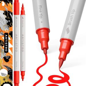 imageARTISTRO 2 Red Acrylic Paint Pens Acrylic Paint Markers Dual Tip Brush  Fine 1 mm Canvas Rock Glass Wood Paper DYI Markers for Kids and Adults