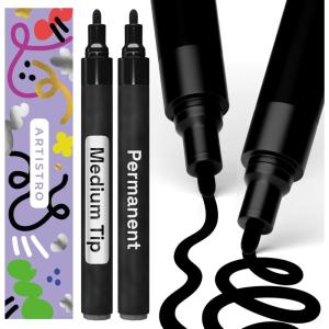 imageARTISTRO 2 Silver Permanent Marker  Waterproof Markers for Tire Fabric Rocks Glass Ceramic Wood Paper  Oil Based Paint Pens  ExtraFine Tip 07mmBlack