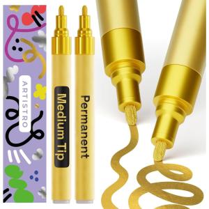 imageARTISTRO 2 Silver Permanent Marker  Waterproof Markers for Tire Fabric Rocks Glass Ceramic Wood Paper  Oil Based Paint Pens  ExtraFine Tip 07mmGold