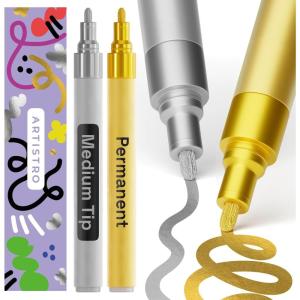 imageARTISTRO 2 Silver Permanent Marker  Waterproof Markers for Tire Fabric Rocks Glass Ceramic Wood Paper  Oil Based Paint Pens  ExtraFine Tip 07mmSilver  Gold
