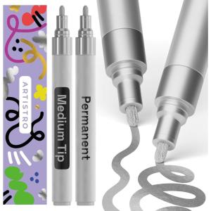 imageARTISTRO 2 Silver Permanent Marker  Waterproof Markers for Tire Fabric Rocks Glass Ceramic Wood Paper  Oil Based Paint Pens  ExtraFine Tip 07mmSilver