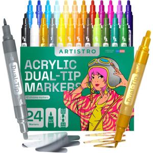 imageARTISTRO 24 DualTip Acrylic Paint Markers  Medium  Fine Tip Combo  22 Bright Colors  2 Metallic Chrome Paint Pens24 Acrylic Markers