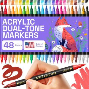 imageARTISTRO 48 Colors Paint Markers DualColor Acrylic Pens with 24 Brush Dual Tip Markers Double Tipped for Rocks ampamp Art Supplies
