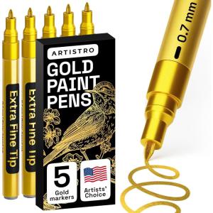 imageARTISTRO 5 Gold Paint Pen for Rock Painting Stone Ceramic Glass Wood Tire Fabric Metal Canvas Set of 5 Acrylic Paint White Marker Waterbased Extrafine Tip