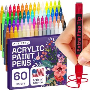 imageARTISTRO 60 Acrylic Paint Pens Art Set Acrylic Paint Markers Fabric Markers for Textile Canvas Rock Glass Wood Paper Pumpkin DIY Paint Markers for Kids and Adults60 Extra Fine Tip