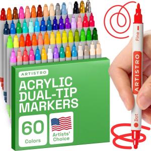 imageARTISTRO 60 Dual Tip Acrylic Paint Markers Acrylic Paint Pens Fabric Markers for Textile Rock Glass Wood Paper Ceramic Canvas DIY Art Supplies Kit for Kids and Adults Dual Tip Dot  Fine 60