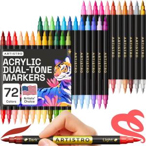 imageARTISTRO 72 Colors Paint Markers DualColor Acrylic Pens with 36 Brush Dual Tip Markers Double Tipped for Rocks ampamp Art Supplies