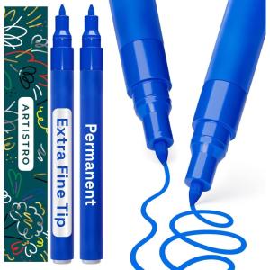 imageARTISTRO Blue Permanent Marker  Set of 2 Black Paint Pen Oil Based Paint Markers ExtraFine Tip 07mm Waterproof Quick Dry Black Marker for Rock Painting Ceramic Glass Wood Tire Fabric ampamp More