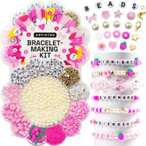 imageARTISTRO Bracelet Making Kit  Friendship Bracelet Kit for Jewelry Making with Pearl Beads Clay Beads Letters Stars Flowers Hearts  Pink Kandi Beads Set for Girls Boys and AdultsPink