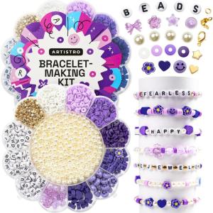 imageARTISTRO Bracelet Making Kit  Friendship Bracelet Kit for Jewelry Making with Pearl Beads Clay Beads Letters Stars Flowers Hearts  Pink Kandi Beads Set for Girls Boys and AdultsPurple
