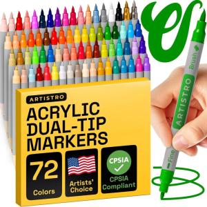 imageARTISTRO Dual Tip Acrylic Paint Markers  Easy for All Ages ampamp Levels Acrylic Paint Pens for Fabric Rocks Paper Wood Canvas Glass DIY Dual Tip Brush  Fine 72